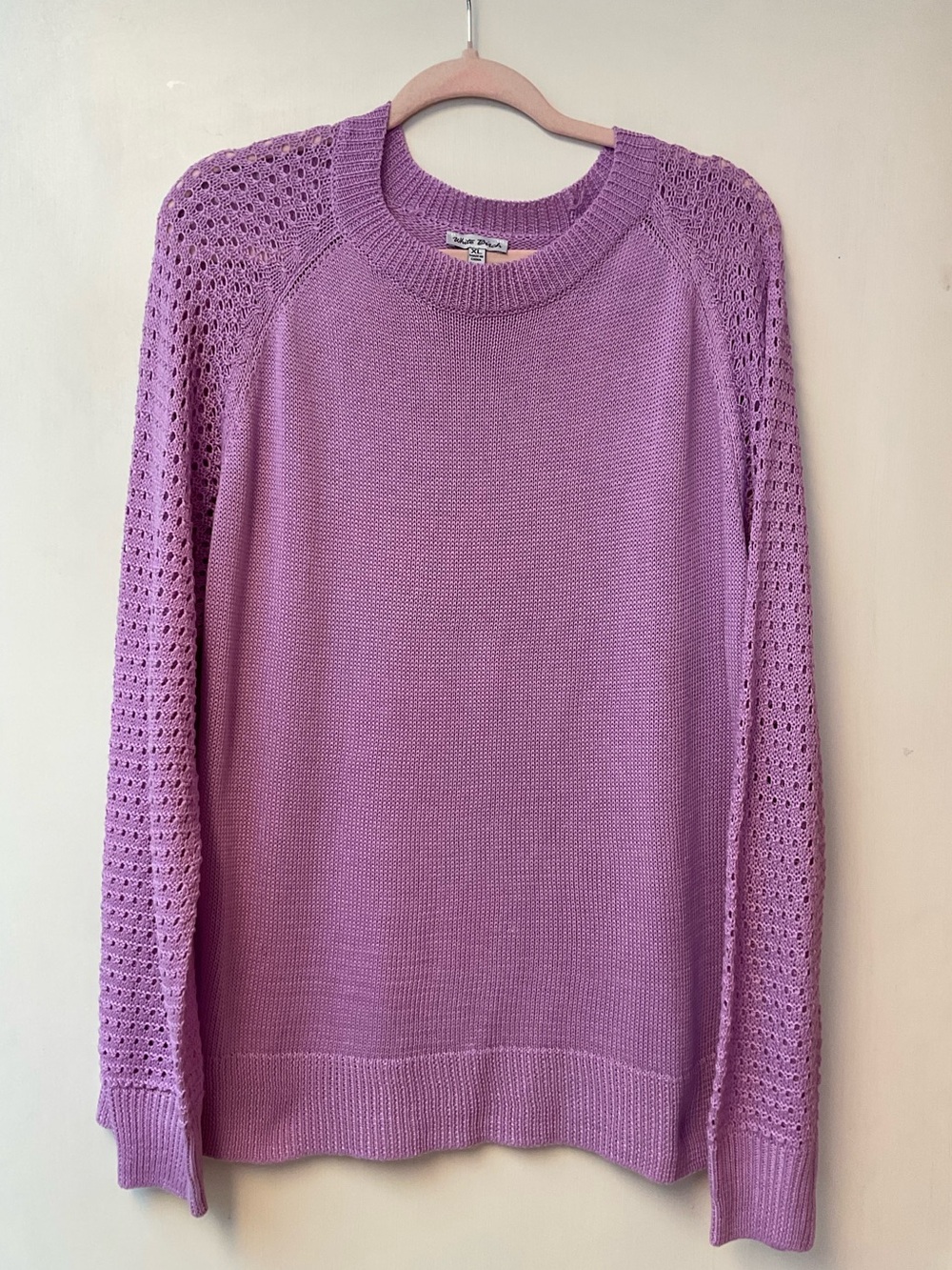 Open-Knit Sleeve Crewneck Sweater in Lavender